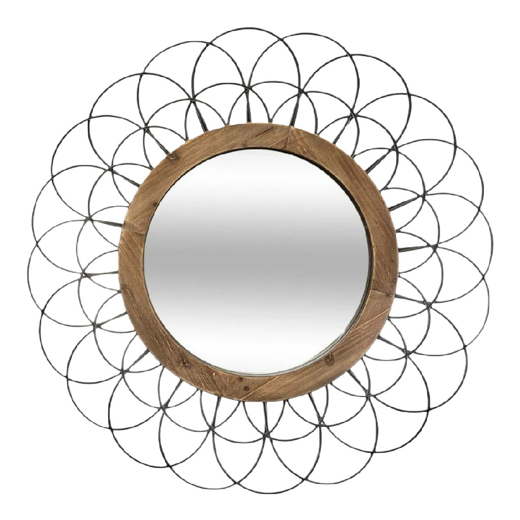 Espejo decorativo redondo estilo industrial, marco mixto de madera y metal negro, para pared