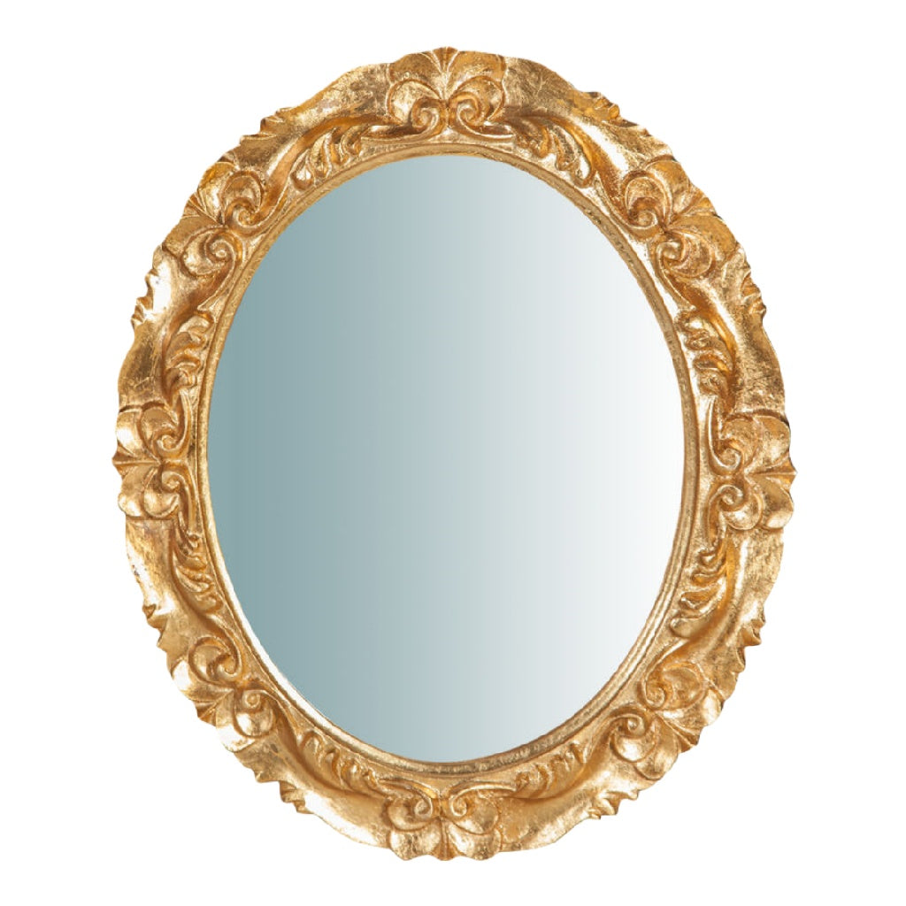 Espejo decorativo ovalado estilo barroco, marco dorado tallado, para pared